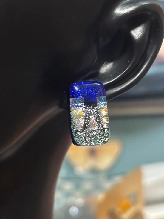 Handcrafted Dichroic Fused Glass Earrings w/ blue and silver shimmering pattern - Picture 3 of 7